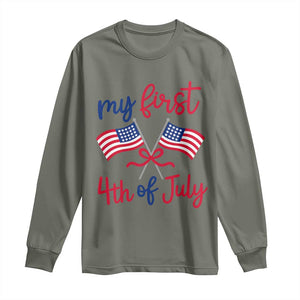 My First 4th of July Crossed American Flags Bow Long Sleeve Shirt Patriotic Baby Girl Holiday Milestone