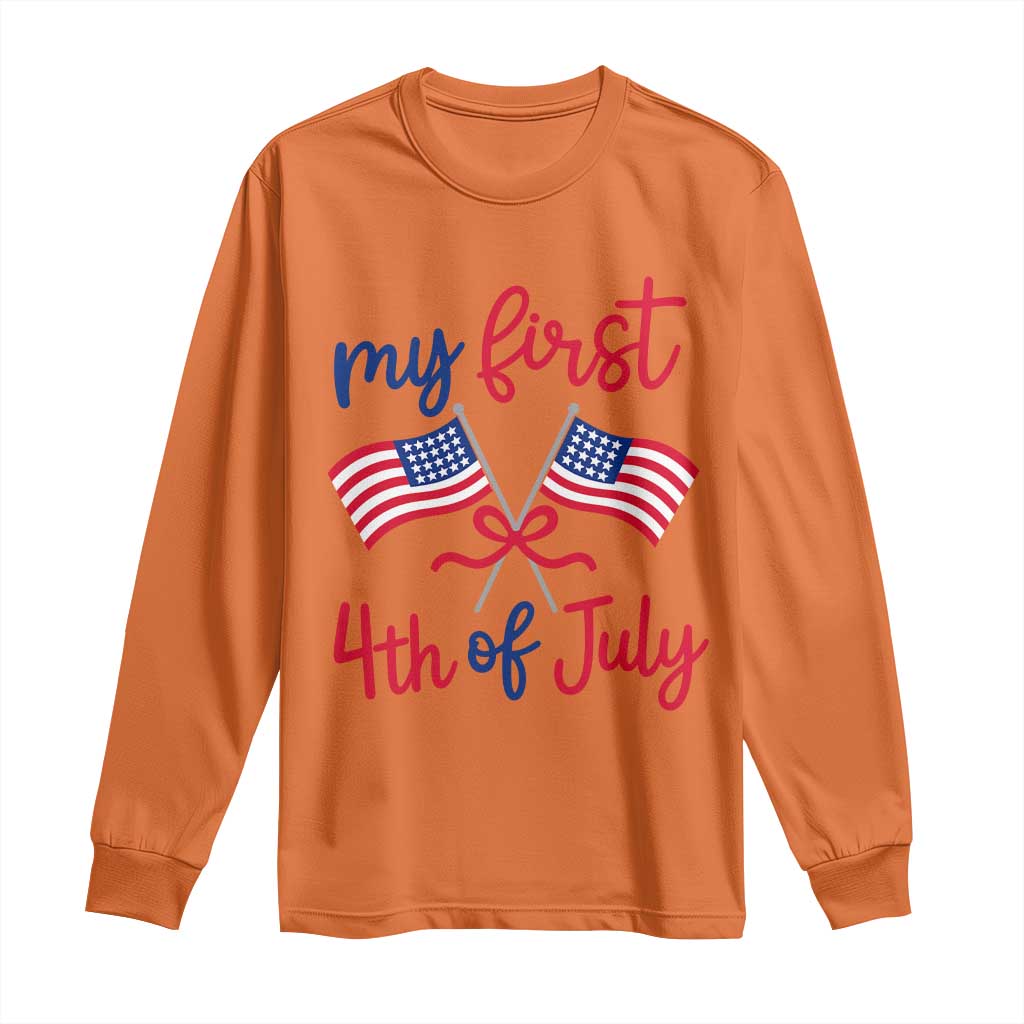 My First 4th of July Crossed American Flags Bow Long Sleeve Shirt Patriotic Baby Girl Holiday Milestone
