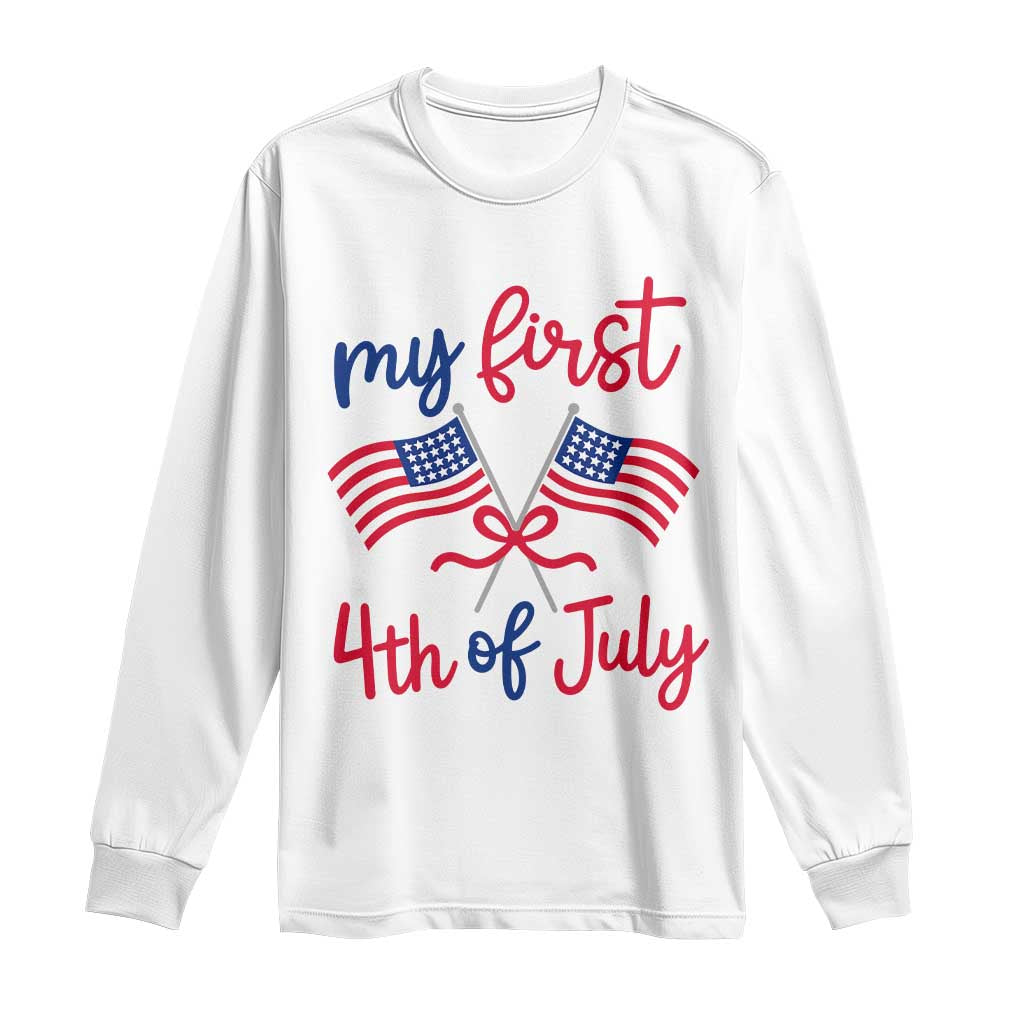 My First 4th of July Crossed American Flags Bow Long Sleeve Shirt Patriotic Baby Girl Holiday Milestone TS02 White Print Your Wear