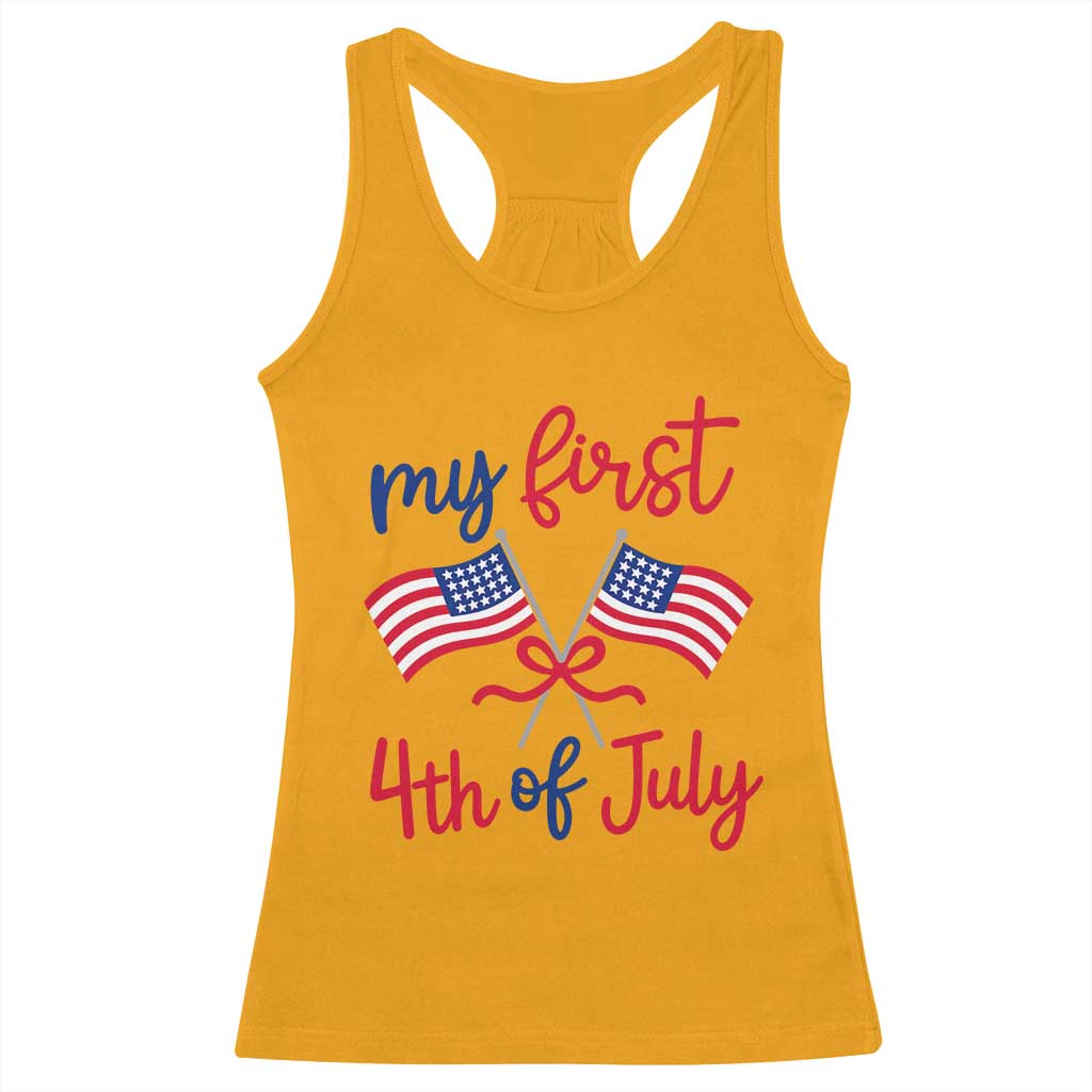 My First 4th of July Crossed American Flags Bow Racerback Tank Top Patriotic Baby Girl Holiday Milestone