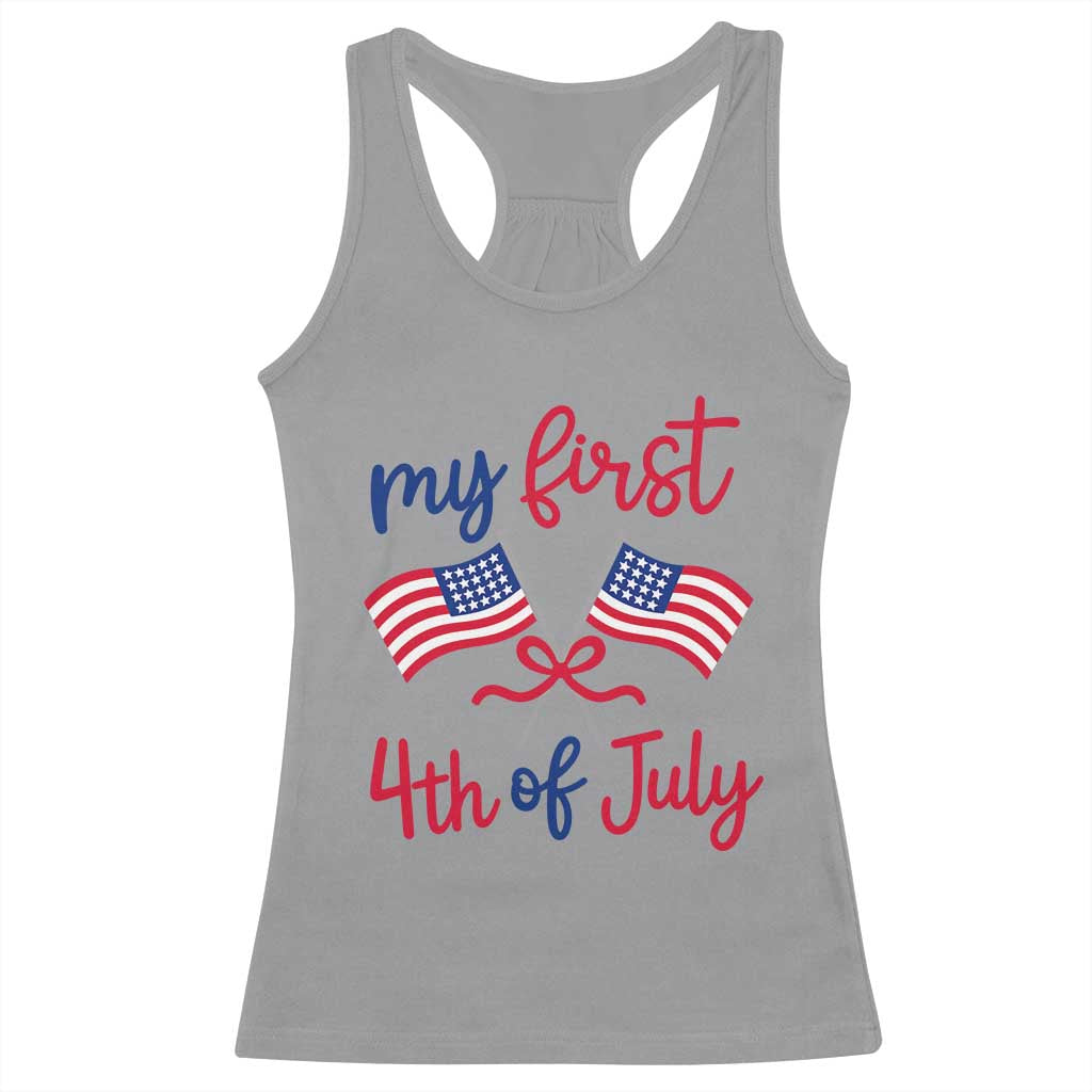 My First 4th of July Crossed American Flags Bow Racerback Tank Top Patriotic Baby Girl Holiday Milestone