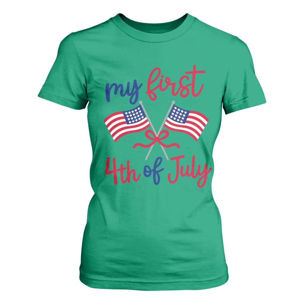 My First 4th of July Crossed American Flags Bow T Shirt For Women Patriotic Baby Girl Holiday Milestone