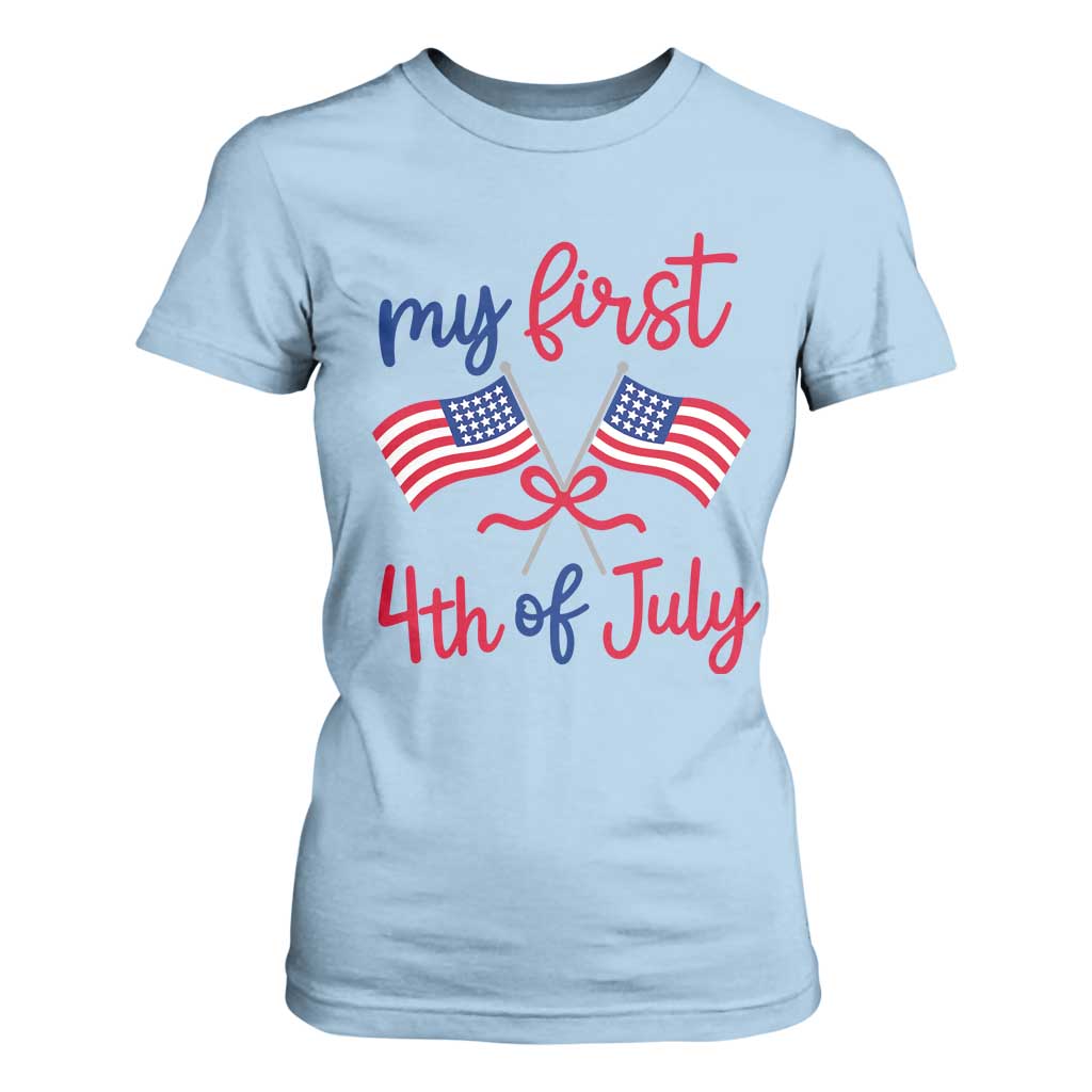 My First 4th of July Crossed American Flags Bow T Shirt For Women Patriotic Baby Girl Holiday Milestone