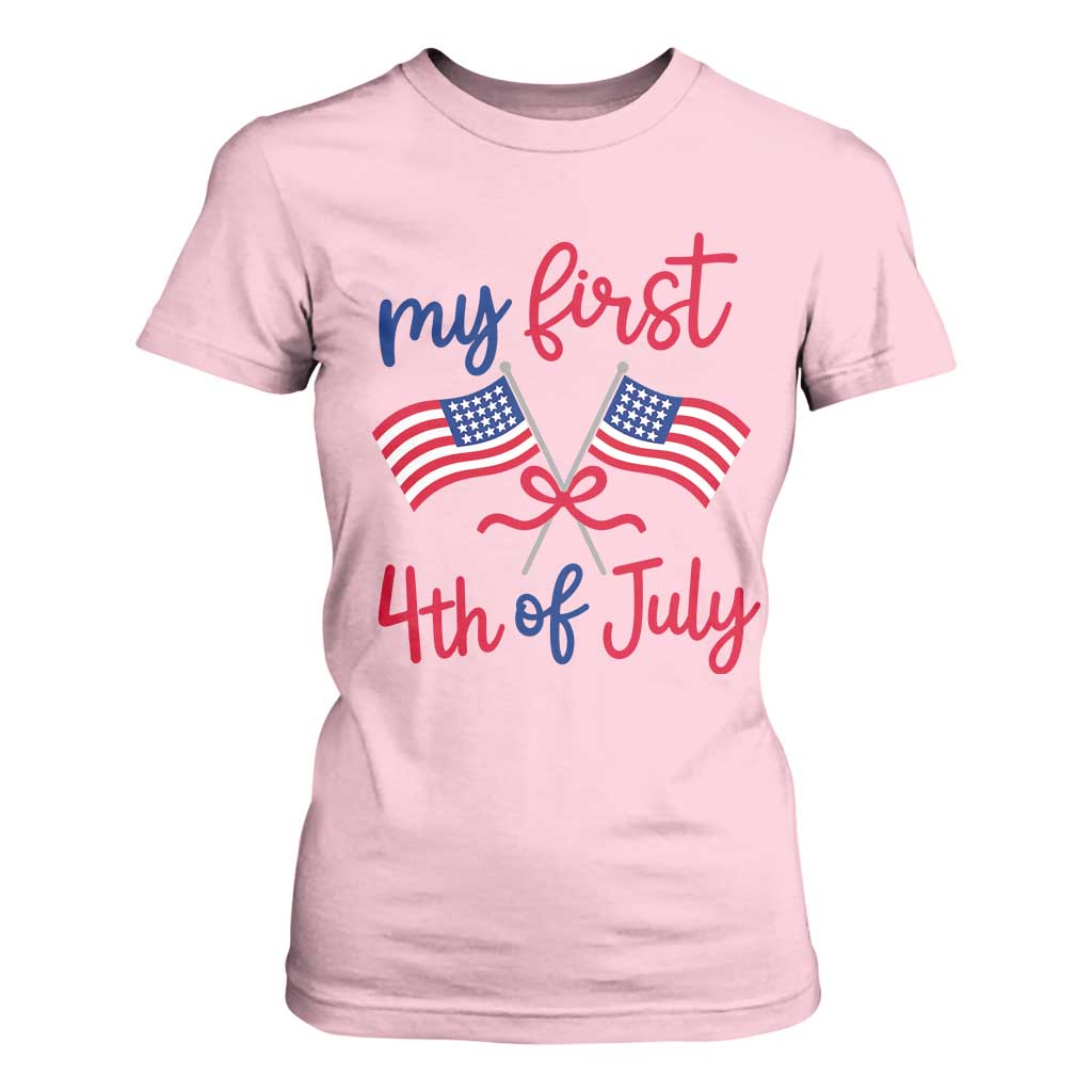 My First 4th of July Crossed American Flags Bow T Shirt For Women Patriotic Baby Girl Holiday Milestone