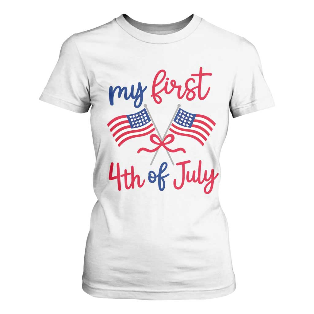 My First 4th of July Crossed American Flags Bow T Shirt For Women Patriotic Baby Girl Holiday Milestone TS02 White Print Your Wear
