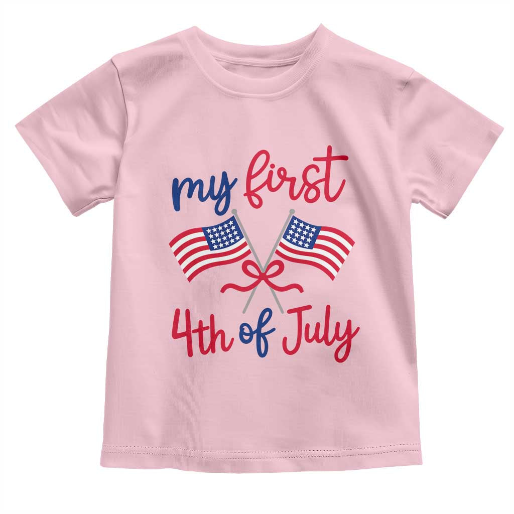 My First 4th of July Crossed American Flags Bow Toddler T Shirt Patriotic Baby Girl Holiday Milestone