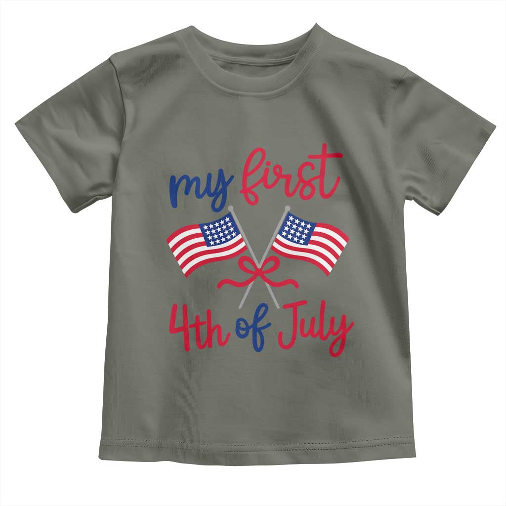 My First 4th of July Crossed American Flags Bow Toddler T Shirt Patriotic Baby Girl Holiday Milestone