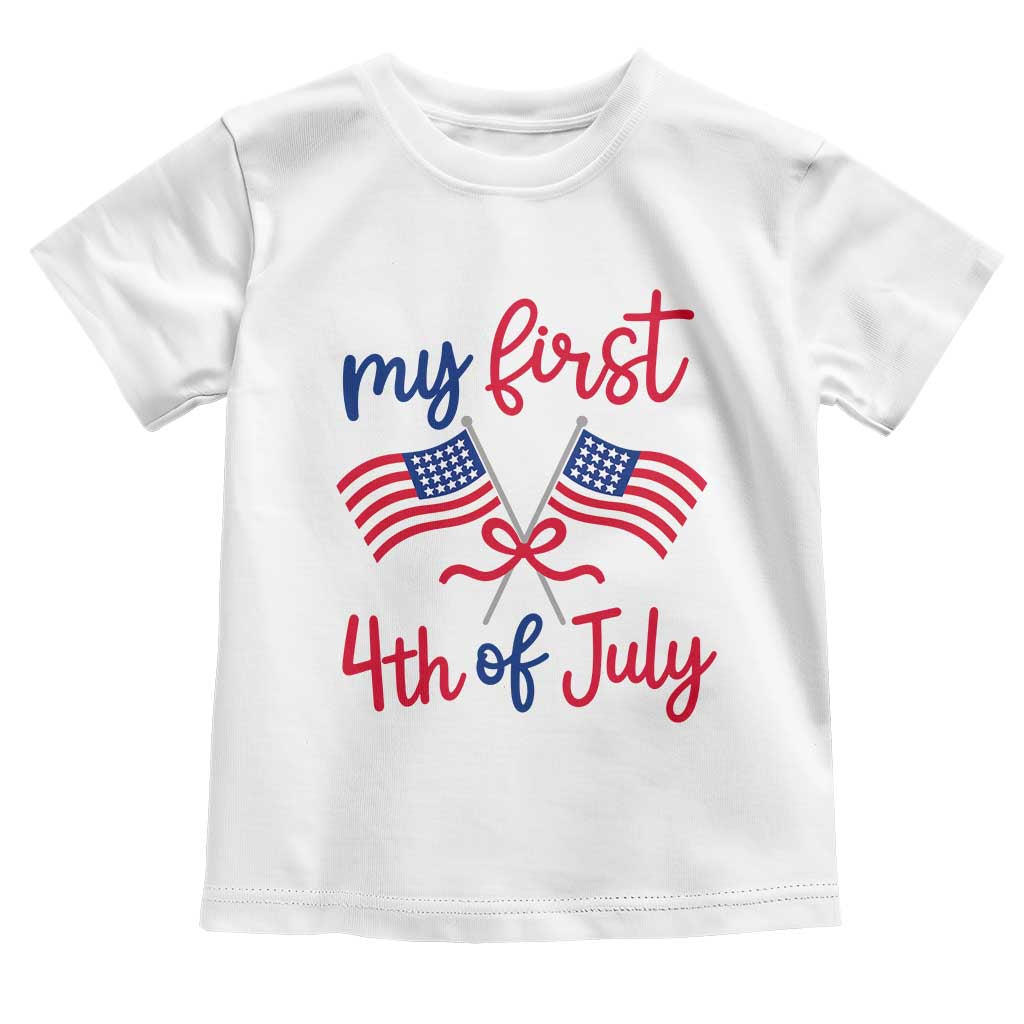My First 4th of July Crossed American Flags Bow Toddler T Shirt Patriotic Baby Girl Holiday Milestone TS02 White Print Your Wear