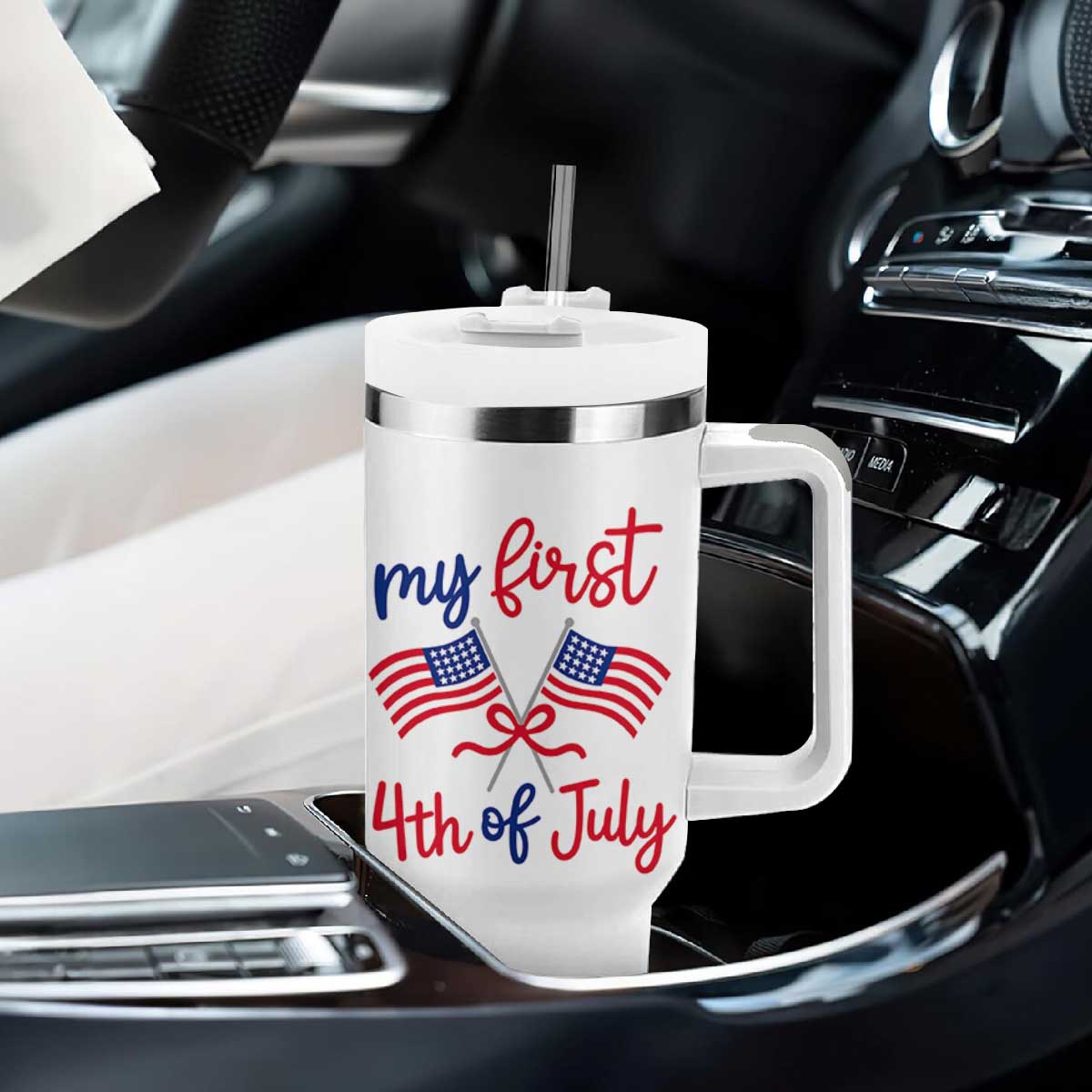 My First 4th of July Crossed American Flags Bow Tumbler With Handle Patriotic Baby Girl Holiday Milestone