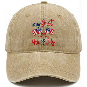 My First 4th of July Crossed American Flags Bow Washed Cotton Baseball Cap Patriotic Baby Girl Holiday Milestone