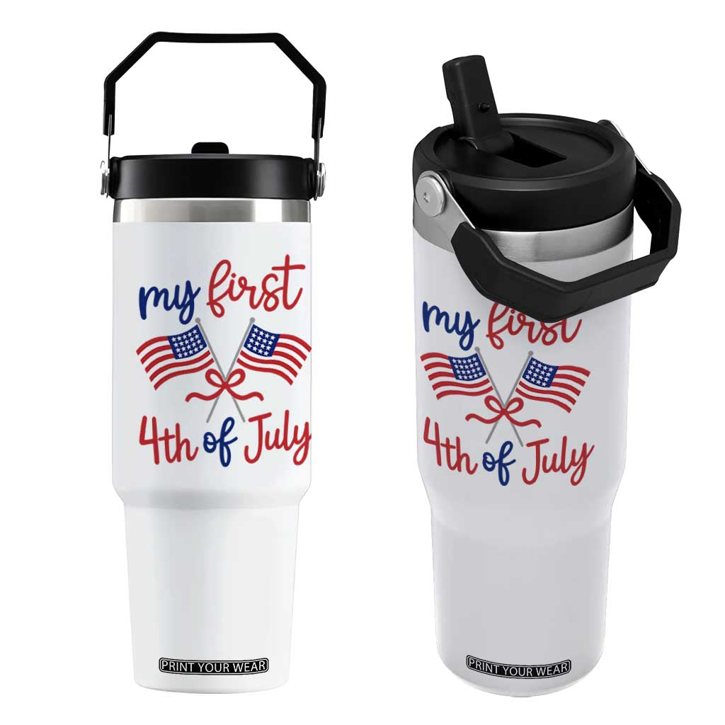 My First 4th of July Crossed American Flags Bow Flip Straw Tumbler Patriotic Baby Girl Holiday Milestone
