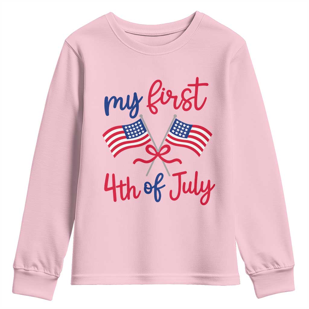 My First 4th of July Crossed American Flags Bow Youth Sweatshirt Patriotic Baby Girl Holiday Milestone