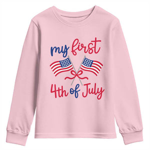 My First 4th of July Crossed American Flags Bow Youth Sweatshirt Patriotic Baby Girl Holiday Milestone