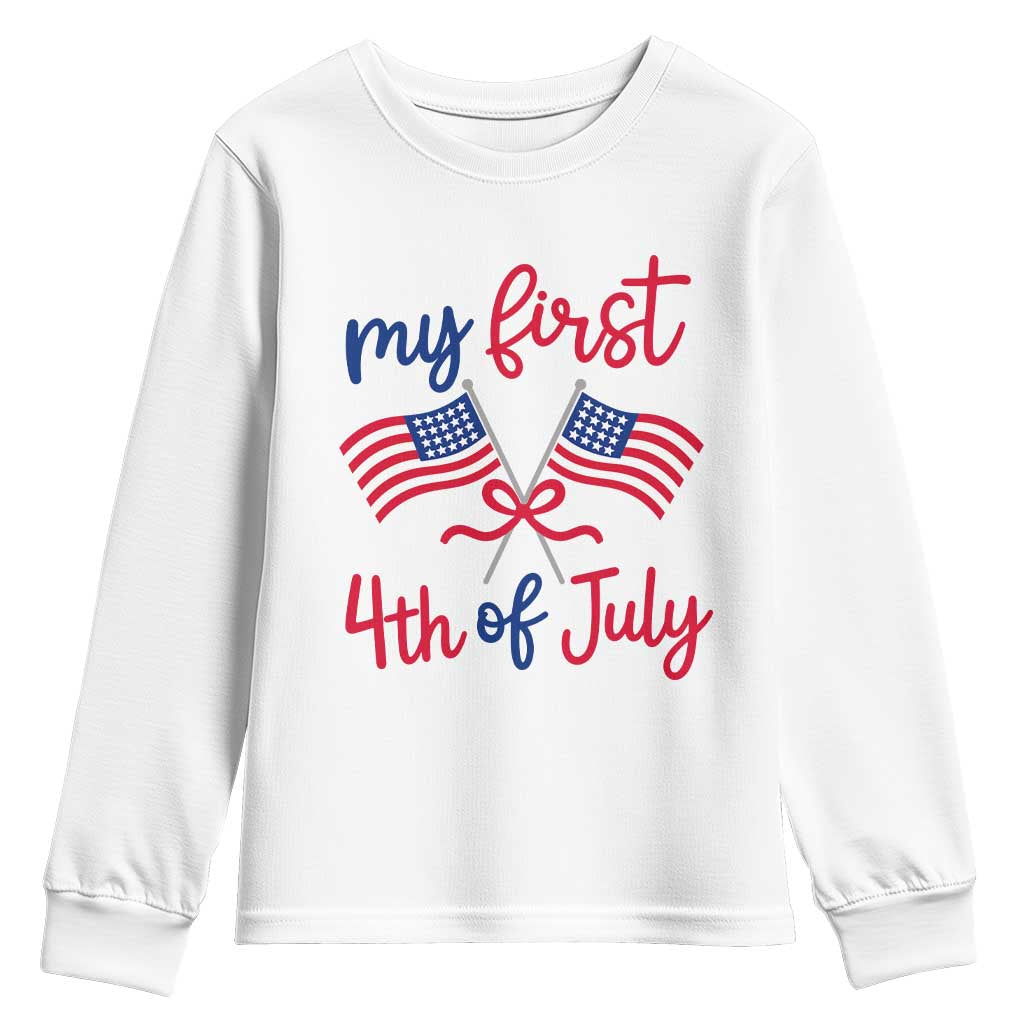 My First 4th of July Crossed American Flags Bow Youth Sweatshirt Patriotic Baby Girl Holiday Milestone