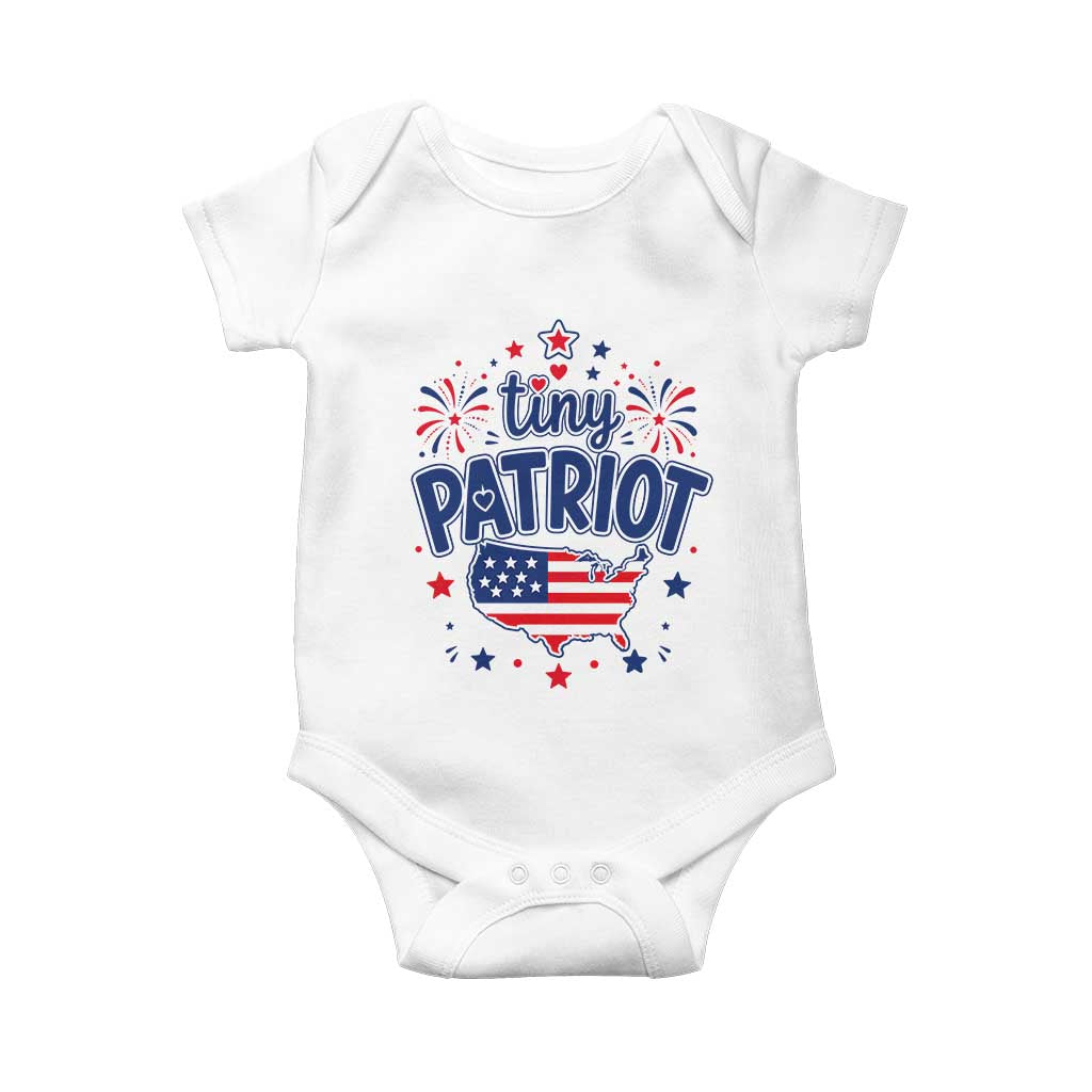 Tiny Patriot 4th of July Fireworks Baby Onesie USA Map American Flag Red White and Blue Patriotic Holiday