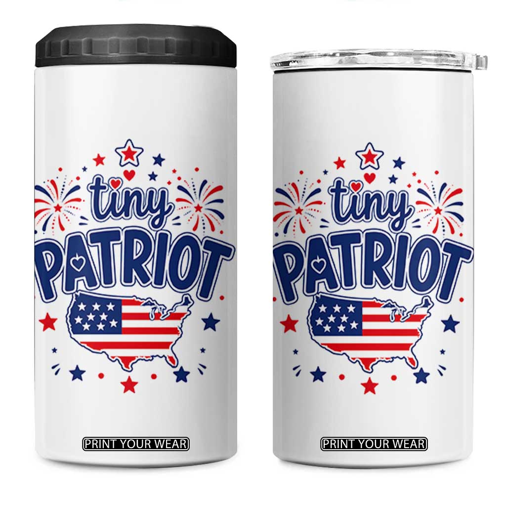 Tiny Patriot 4th of July Fireworks 4 in 1 Can Cooler Tumbler USA Map American Flag Red White and Blue Patriotic Holiday