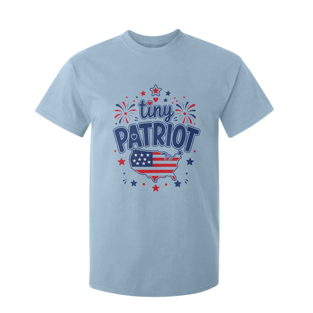 Tiny Patriot 4th of July Fireworks T Shirt For Kid USA Map American Flag Red White and Blue Patriotic Holiday