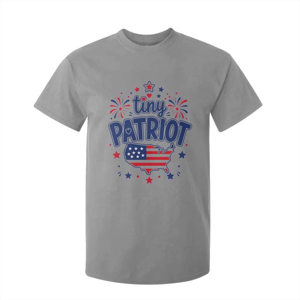 Tiny Patriot 4th of July Fireworks T Shirt For Kid USA Map American Flag Red White and Blue Patriotic Holiday