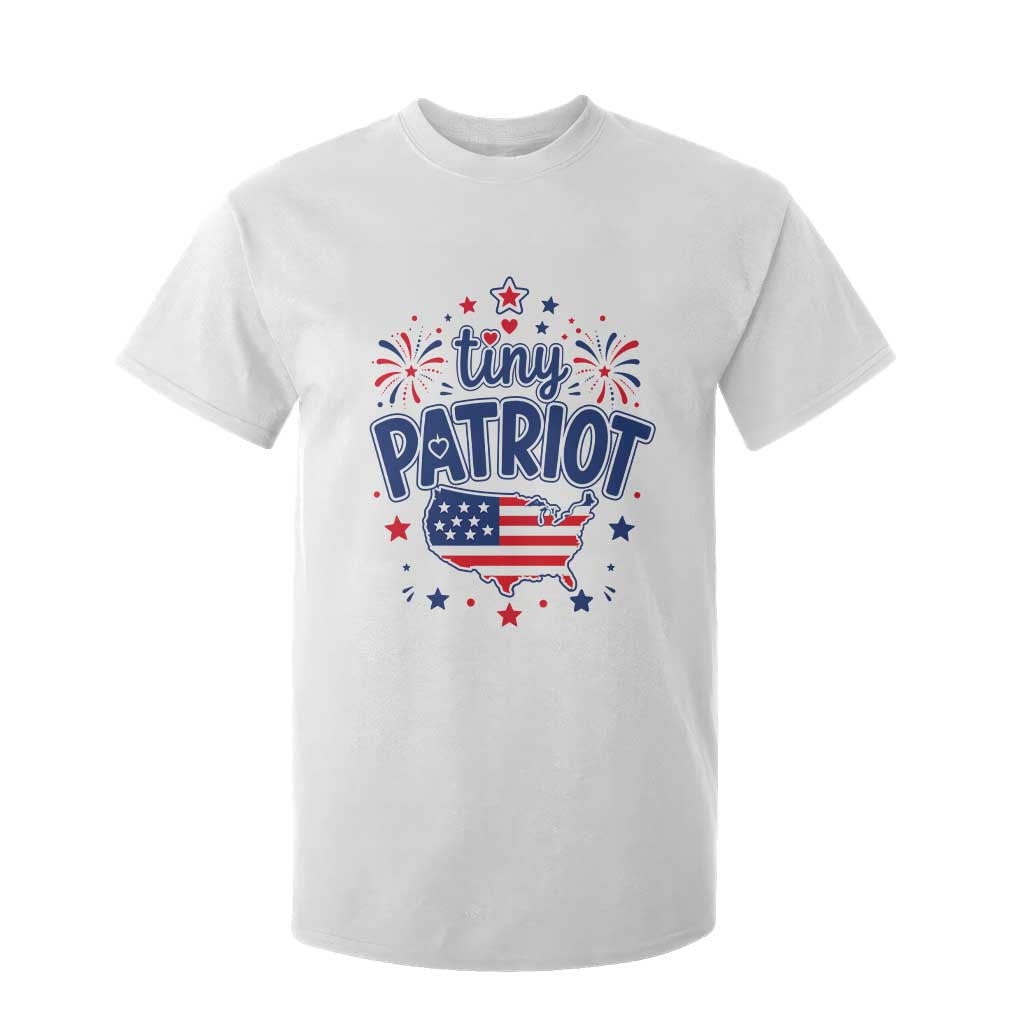 Tiny Patriot 4th of July Fireworks T Shirt For Kid USA Map American Flag Red White and Blue Patriotic Holiday