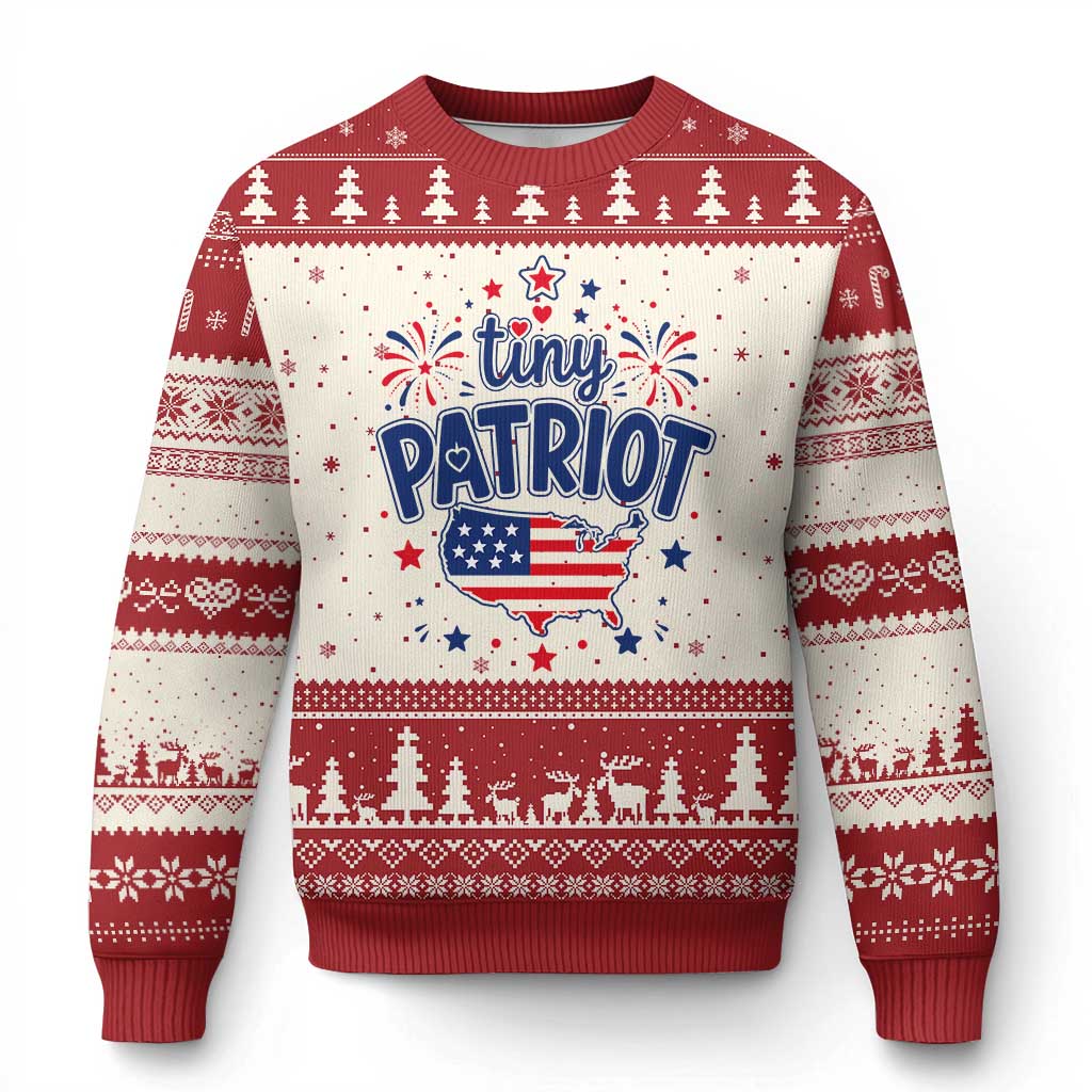 Tiny Patriot 4th of July Fireworks Ugly Christmas Sweater USA Map American Flag Red White and Blue Patriotic Holiday