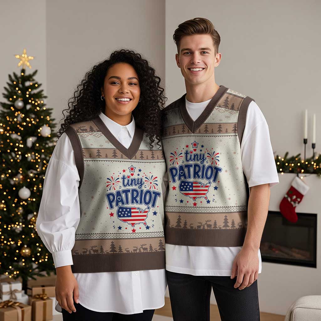 Tiny Patriot 4th of July Fireworks V-Neck Knit Sweater Vest USA Map American Flag Red White and Blue Patriotic Holiday