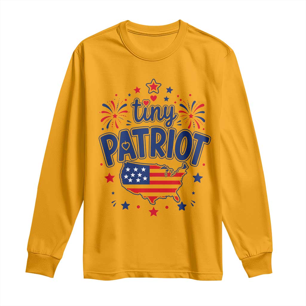 Tiny Patriot 4th of July Fireworks Long Sleeve Shirt USA Map American Flag Red White and Blue Patriotic Holiday