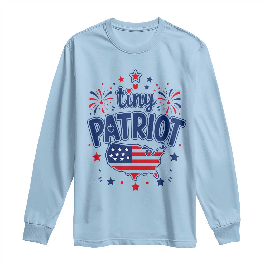 Tiny Patriot 4th of July Fireworks Long Sleeve Shirt USA Map American Flag Red White and Blue Patriotic Holiday