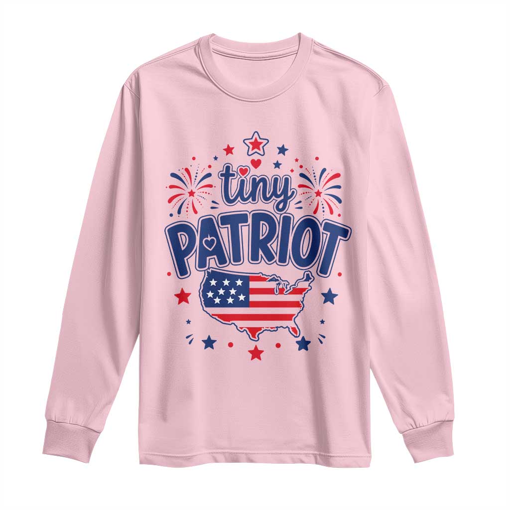 Tiny Patriot 4th of July Fireworks Long Sleeve Shirt USA Map American Flag Red White and Blue Patriotic Holiday