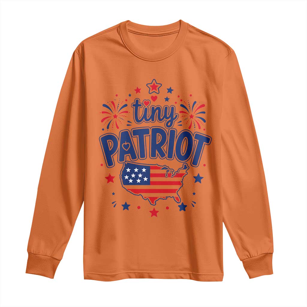 Tiny Patriot 4th of July Fireworks Long Sleeve Shirt USA Map American Flag Red White and Blue Patriotic Holiday