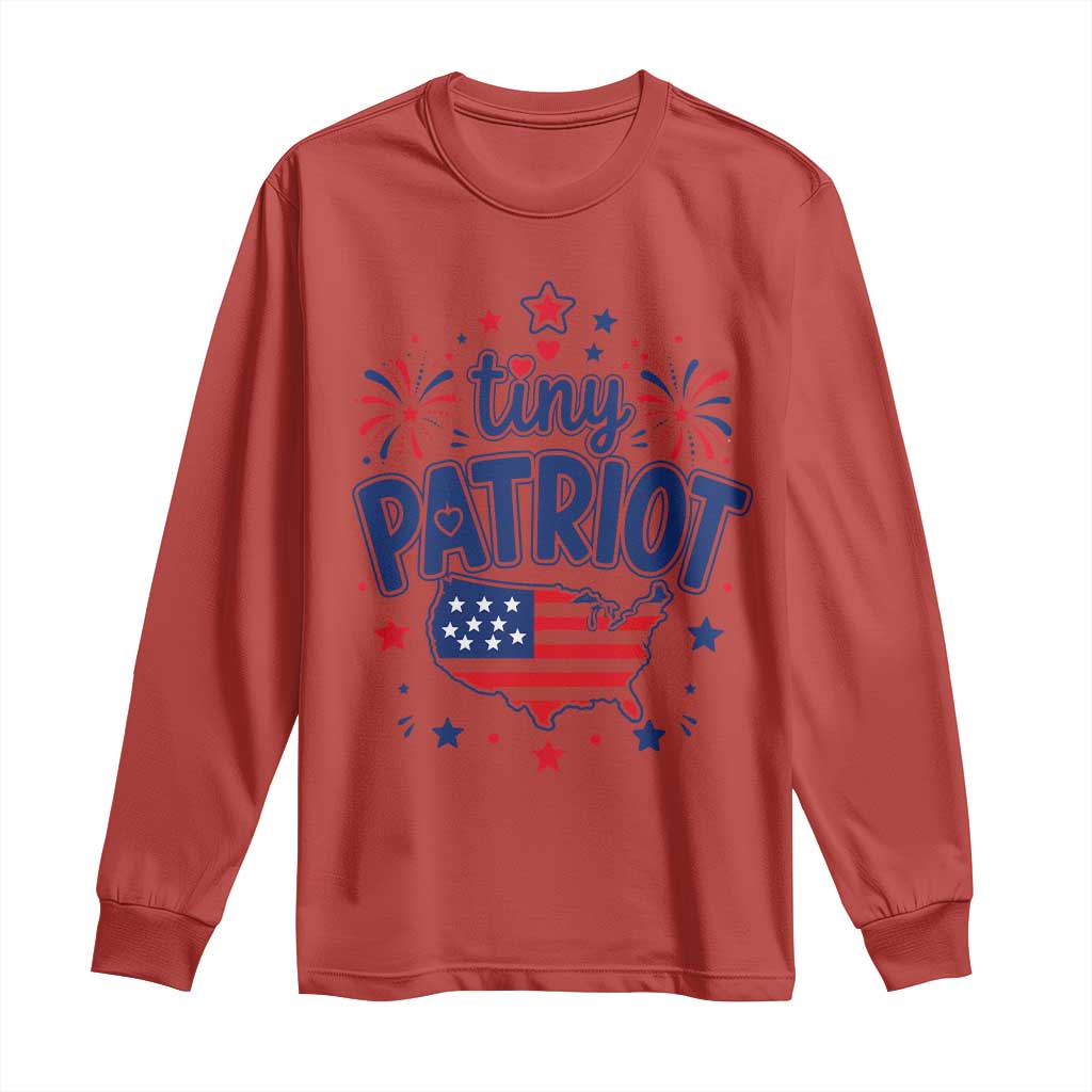 Tiny Patriot 4th of July Fireworks Long Sleeve Shirt USA Map American Flag Red White and Blue Patriotic Holiday