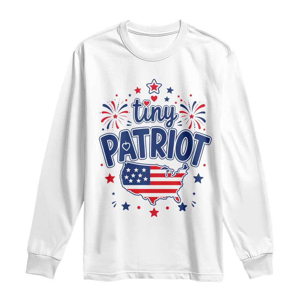 Tiny Patriot 4th of July Fireworks Long Sleeve Shirt USA Map American Flag Red White and Blue Patriotic Holiday