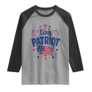 Tiny Patriot 4th of July Fireworks Raglan Shirt USA Map American Flag Red White and Blue Patriotic Holiday