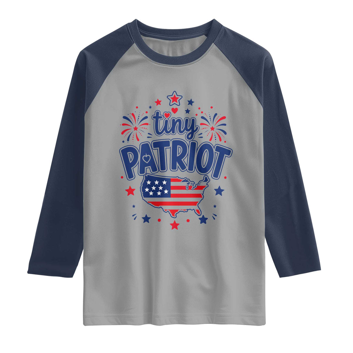 Tiny Patriot 4th of July Fireworks Raglan Shirt USA Map American Flag Red White and Blue Patriotic Holiday