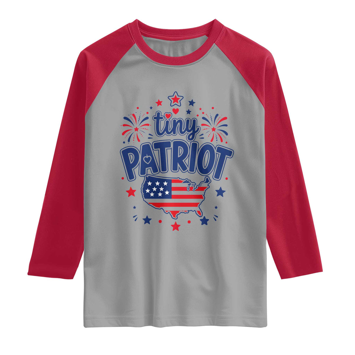 Tiny Patriot 4th of July Fireworks Raglan Shirt USA Map American Flag Red White and Blue Patriotic Holiday