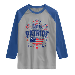 Tiny Patriot 4th of July Fireworks Raglan Shirt USA Map American Flag Red White and Blue Patriotic Holiday