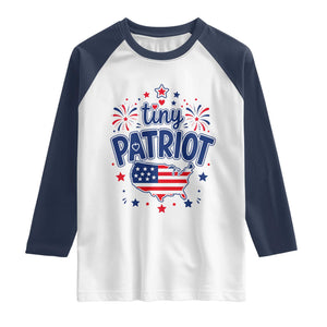 Tiny Patriot 4th of July Fireworks Raglan Shirt USA Map American Flag Red White and Blue Patriotic Holiday