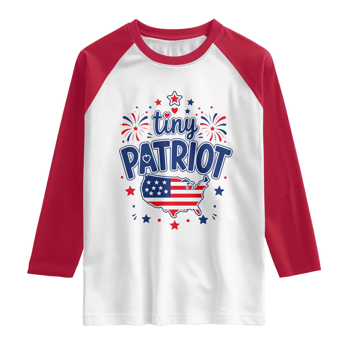 Tiny Patriot 4th of July Fireworks Raglan Shirt USA Map American Flag Red White and Blue Patriotic Holiday