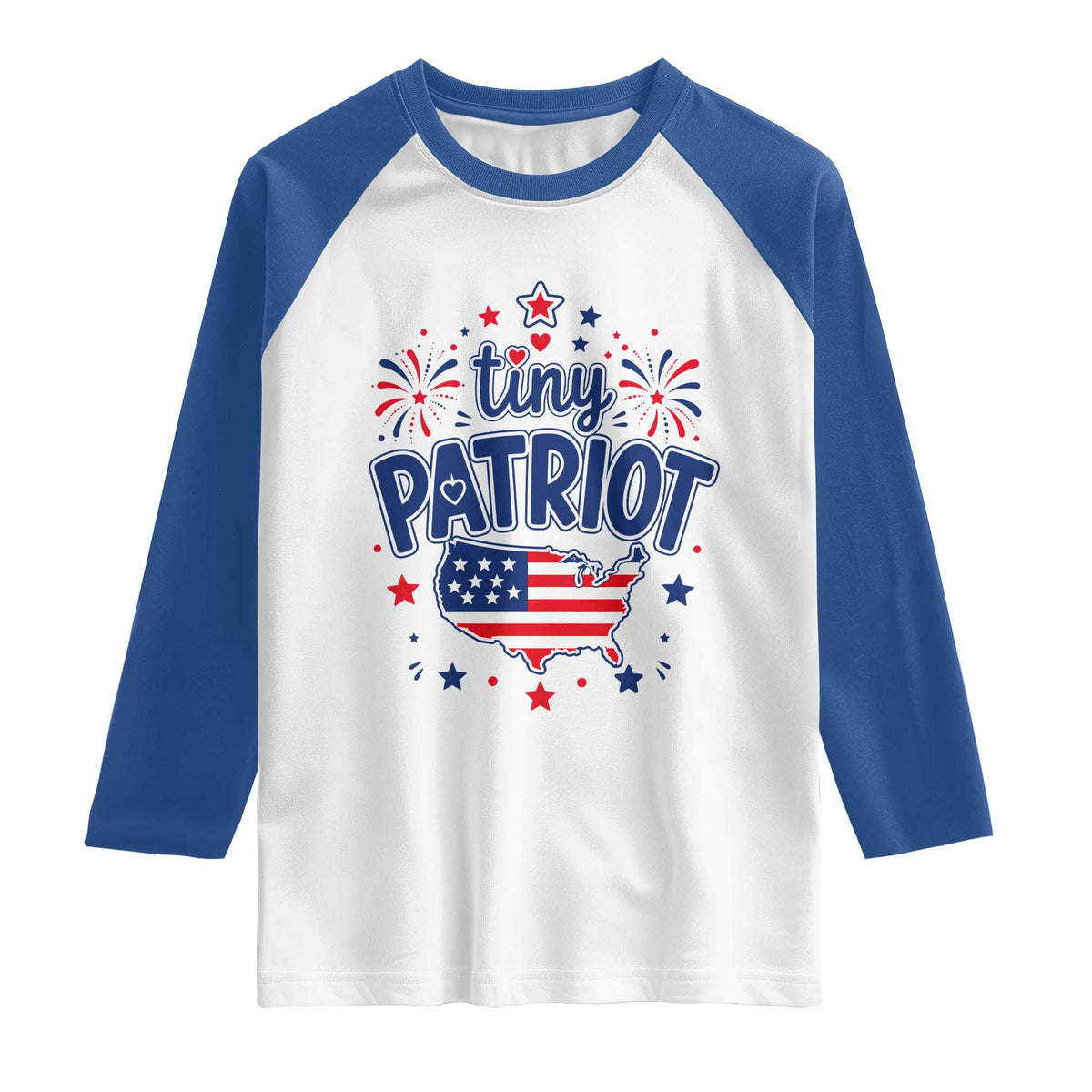 Tiny Patriot 4th of July Fireworks Raglan Shirt USA Map American Flag Red White and Blue Patriotic Holiday