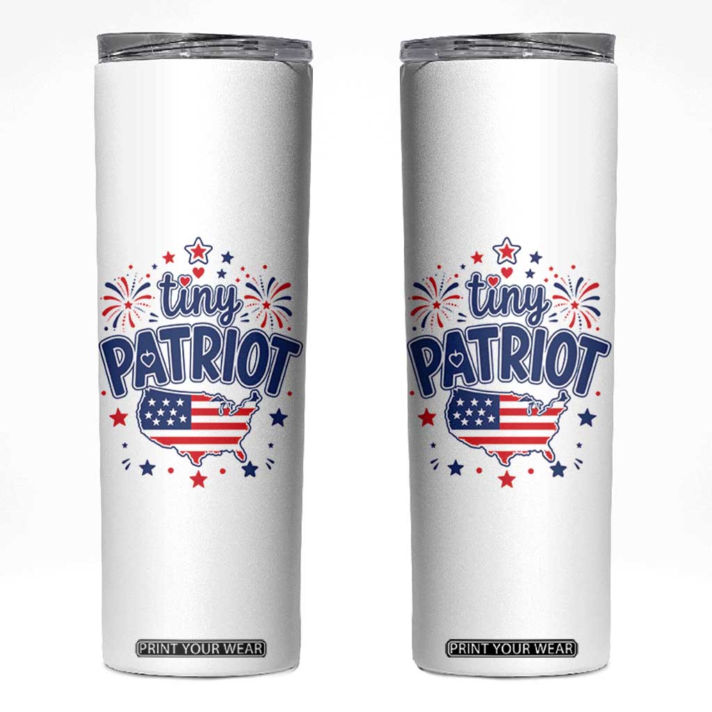 Tiny Patriot 4th of July Fireworks Skinny Tumbler USA Map American Flag Red White and Blue Patriotic Holiday