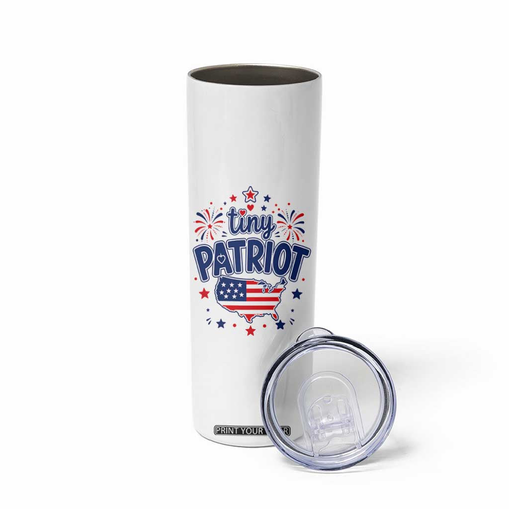 Tiny Patriot 4th of July Fireworks Skinny Tumbler USA Map American Flag Red White and Blue Patriotic Holiday