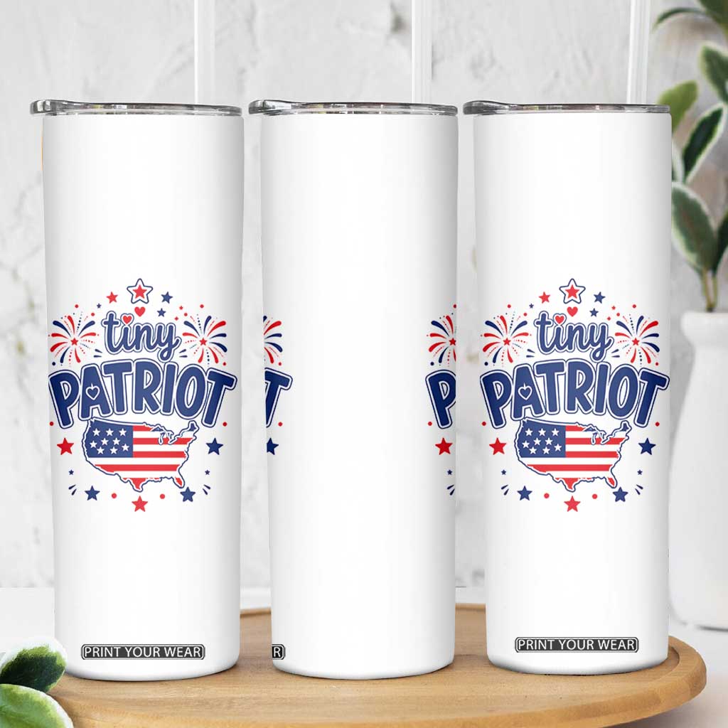 Tiny Patriot 4th of July Fireworks Skinny Tumbler USA Map American Flag Red White and Blue Patriotic Holiday