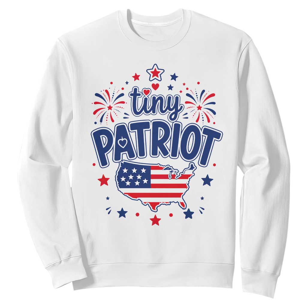 Tiny Patriot 4th of July Fireworks Sweatshirt USA Map American Flag Red White and Blue Patriotic Holiday