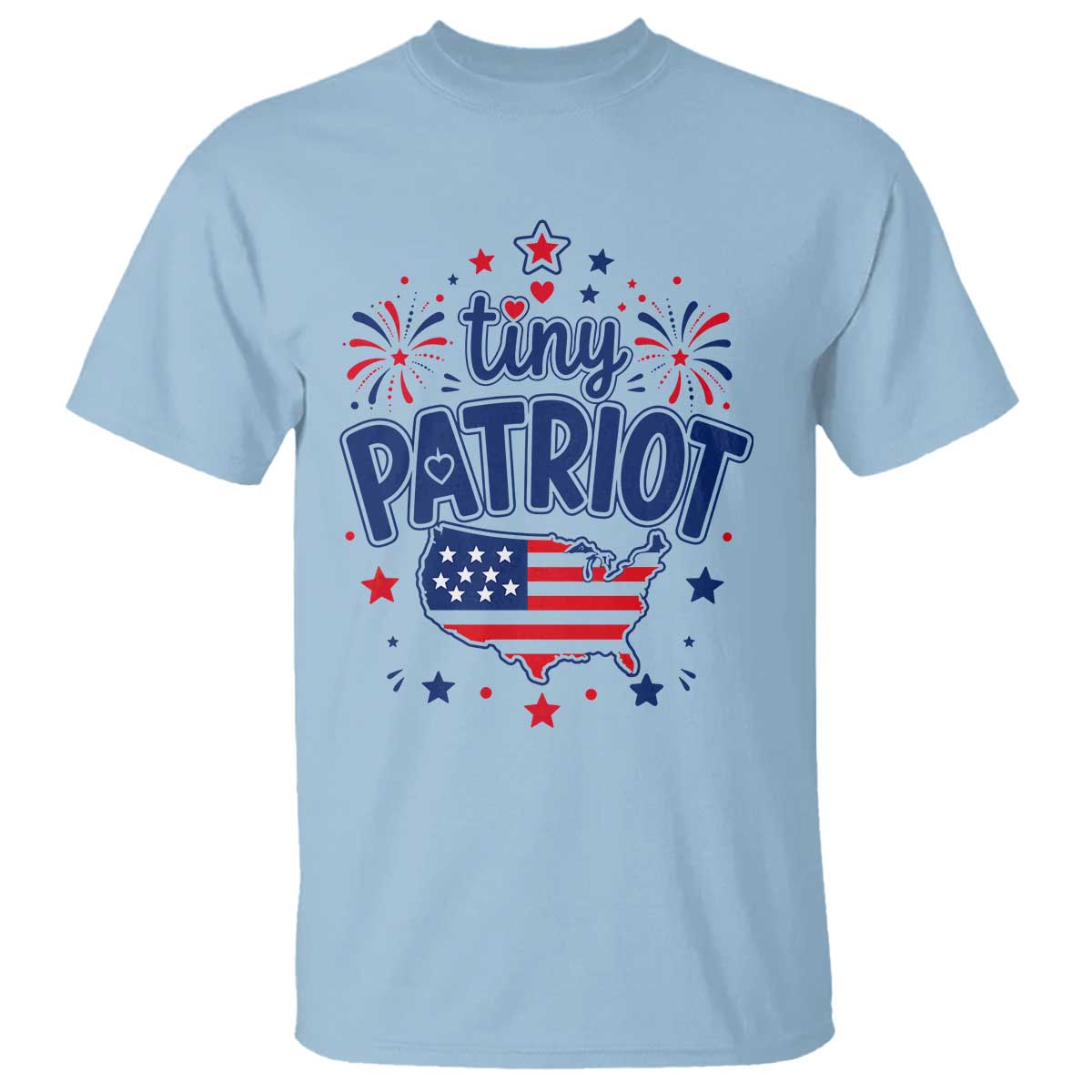 Tiny Patriot 4th of July Fireworks T Shirt USA Map American Flag Red White and Blue Patriotic Holiday