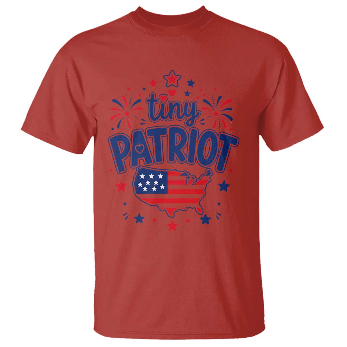 Tiny Patriot 4th of July Fireworks T Shirt USA Map American Flag Red White and Blue Patriotic Holiday