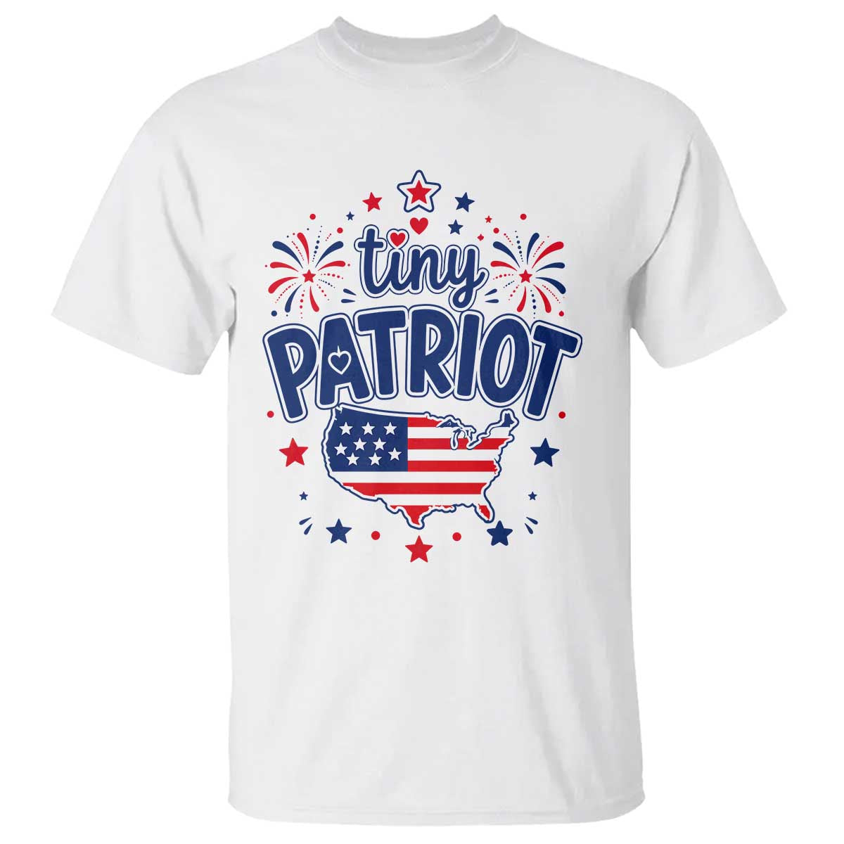 Tiny Patriot 4th of July Fireworks T Shirt USA Map American Flag Red White and Blue Patriotic Holiday