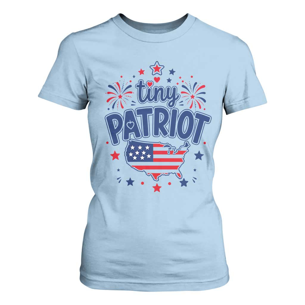 Tiny Patriot 4th of July Fireworks T Shirt For Women USA Map American Flag Red White and Blue Patriotic Holiday