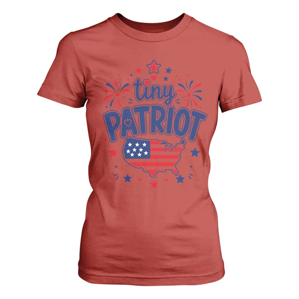 Tiny Patriot 4th of July Fireworks T Shirt For Women USA Map American Flag Red White and Blue Patriotic Holiday