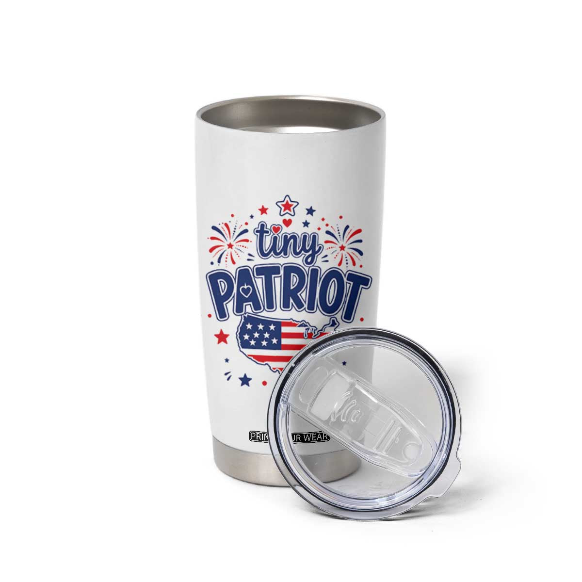 Tiny Patriot 4th of July Fireworks Tumbler Cup USA Map American Flag Red White and Blue Patriotic Holiday