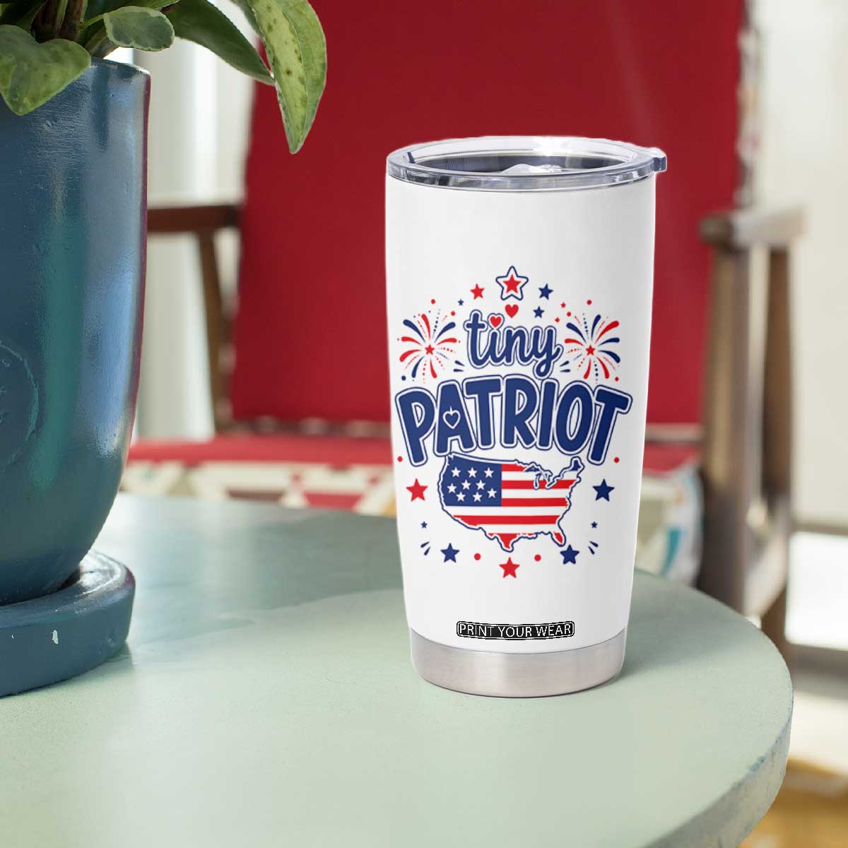 Tiny Patriot 4th of July Fireworks Tumbler Cup USA Map American Flag Red White and Blue Patriotic Holiday