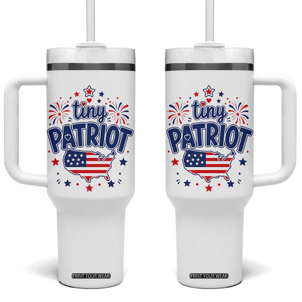 Tiny Patriot 4th of July Fireworks Tumbler With Handle USA Map American Flag Red White and Blue Patriotic Holiday